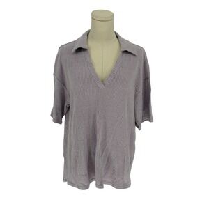 Open Edit Ribbed Knit Polo Top Purple V-Neck Short Sleeve Relaxed Large